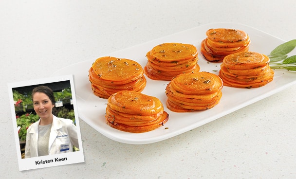 Photo of Kristen Keen, MBA, RDN, LD next to 6 perfectly plated stacks of sweet potatoes. 