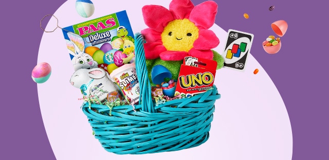  Image of Easter basket with games, toys and plastic eggs