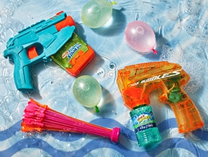 Water ballons, bubble blasters, chalk and more toys and games.
