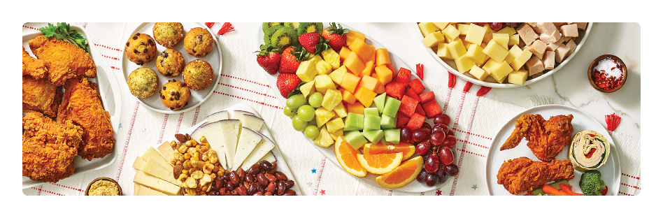 Pre-prepped platters of cut fruit, deli meats, cheeses and more.