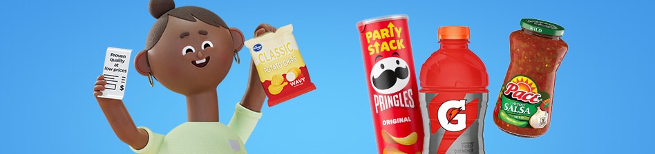 Kroger kroji cartoon smiling while holding up a receipt in one hand and a bag of potato chips in the other. Products shown beside the character are Pringles chips, Gatorade and Pace Salsa.