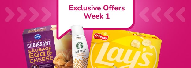 Week 1 savings product images of Starbucks, Lays Chips and Breakfast Sandwiches