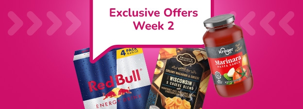 Week 2 savings product images of Red Bull, Pasta and Pasta Sauce