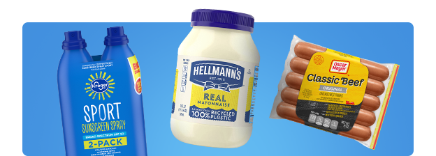 Clip coupons for summer on top items like Kroger brand spray sun screen, Oscar Mayer Hot Dogs and Hellmann's mayo.