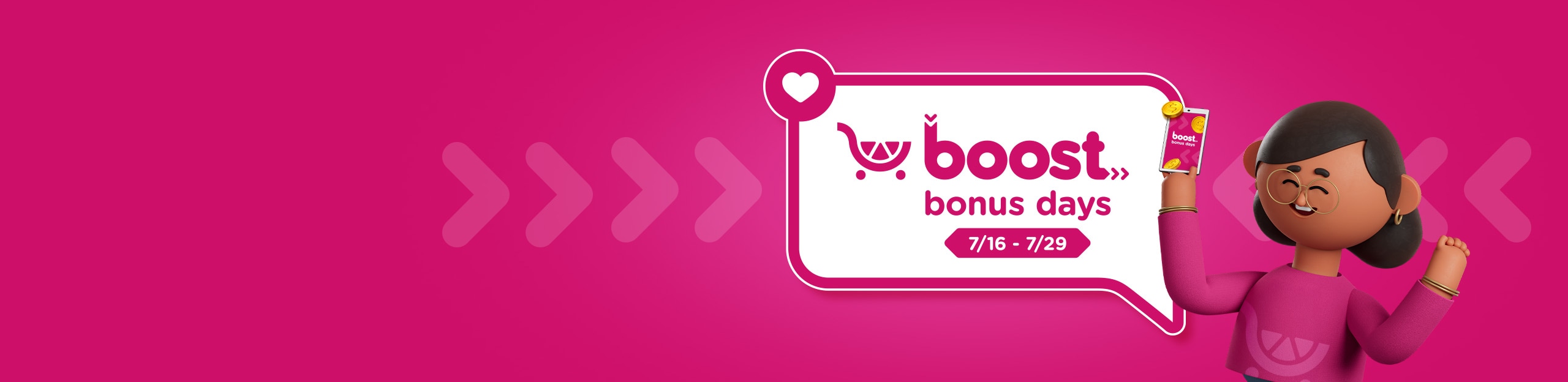 Boost Bonus Days are here. Score Boost member exclusive deals from 7/16-7/19 when you sign up for a membership. Image shows a cartoon character with glasses and a pink Boost themed shirt experiencing joy from the Boost member sale while holding a phone.