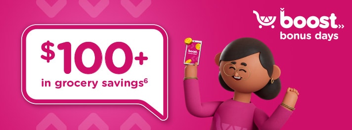 Cartoon woman excited about $100 Plus in Boost Bonus Day Savings.