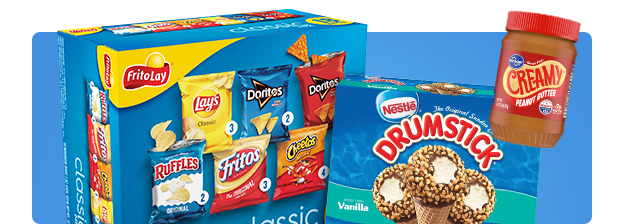 Box of chips next to peanut butter and ice cream cones.