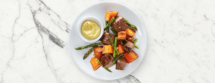 Steak Bites with Sweet Potato and Asparagus Recipe