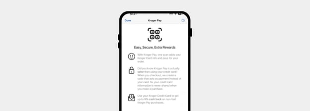 A phone showing the enrollment screen for Kroger Pay