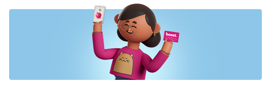 Happy customer holding Boost gift card 
