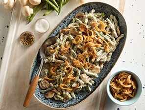 Dish of creamy slow cooker casserole toped with crispy French Fried Onions